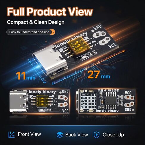 Lonely Binary 12-Pack USB-C PD Trigger 100W Decoy DIP 5-20V Screw Terminal | PD 3.0/QC, fixed 5V/9V/12V/15V/20V via DIP switch; screw terminals; breadboard pins; for Arduino, ESP32; laptop, router, LED in Saudi Arabia