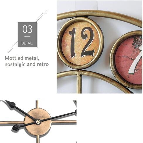 Large Separate Dial Vintage Wall Clock 24 inch Retro Decor | for Living Room Home Office Kitchen Farmhouse,Silent Non-Ticking,Rustic Oversize Gold Metal Frame in Saudi Arabia