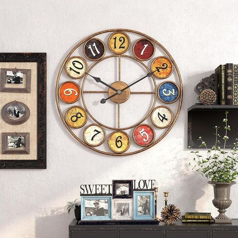 Large Separate Dial Vintage Wall Clock 24 inch Retro Decor | for Living Room Home Office Kitchen Farmhouse,Silent Non-Ticking,Rustic Oversize Gold Metal Frame in Saudi Arabia