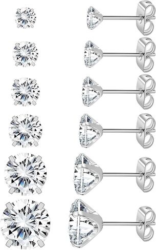 NEWITIN 6 Pairs Silver Earrings for Women Stainless Steel Stud Earring Set | Hypoallergenic 316L, 18K White Plated, Cubic Zirconia, 3-8mm, Halo Earring for Women Men, Cartilage Studs, Multiple Piercing in Saudi Arabia