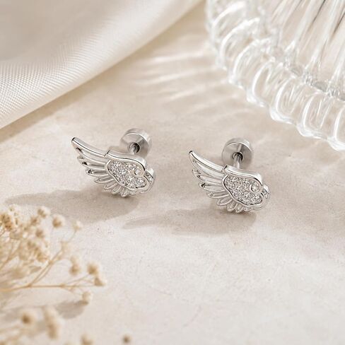 Angel Wing Stud Earrings For Women, Y2K Mini Wings Hidden Flat Back Cartilage Earring Cubic Zirconia 316L Stainless Steel Helix Piercing Statement Minimalist Jewelry Gift in Saudi Arabia