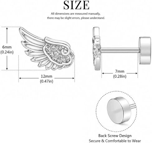 Angel Wing Stud Earrings For Women, Y2K Mini Wings Hidden Flat Back Cartilage Earring Cubic Zirconia 316L Stainless Steel Helix Piercing Statement Minimalist Jewelry Gift in Saudi Arabia