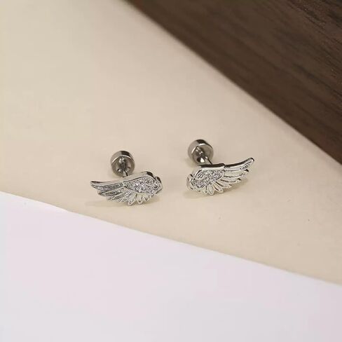 Angel Wing Stud Earrings For Women, Y2K Mini Wings Hidden Flat Back Cartilage Earring Cubic Zirconia 316L Stainless Steel Helix Piercing Statement Minimalist Jewelry Gift in Saudi Arabia