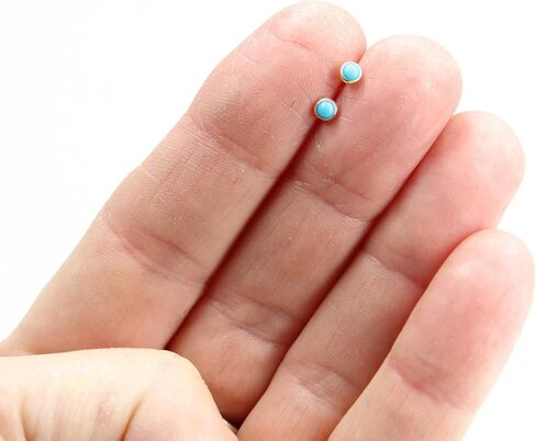 Kathy Bankston Handmade Tiny 3mm Turquoise Stud Earrings, 14K Gold Fill, American Mined Arizona Blue Turquoise, December Birthstone in Saudi Arabia