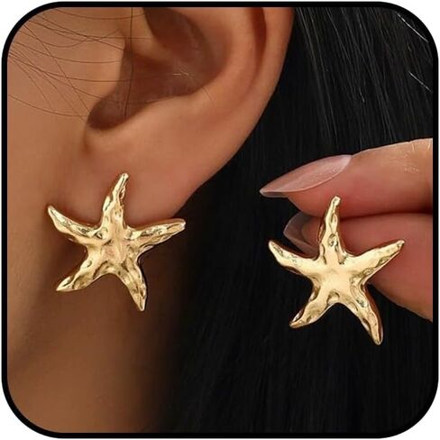 Dainty 14K Gold Starfish Star Earrings for Women Holiday Vacation Beach Jewelry Accessories Boho Statement Silver Pleated Starfish Beachy Stud Earring in Saudi Arabia