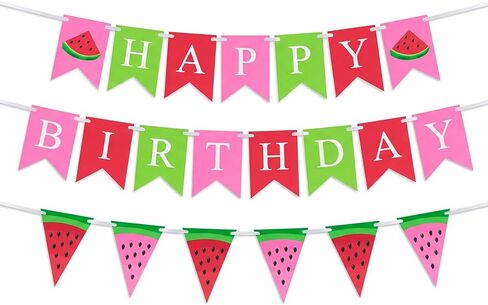 Watermelon Birthday Banner, Happy Birthday Party Decorations, Pink Red Green Summer Fruit Theme Bunting Garland for One in A Melon Baby Shower Indoor Outdoor Celebration Supplies in Saudi Arabia
