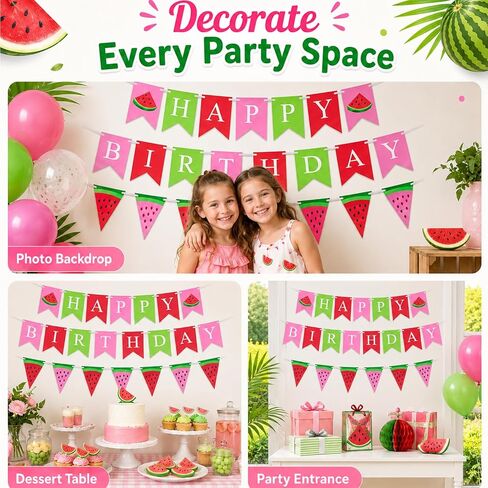 Watermelon Birthday Banner, Happy Birthday Party Decorations, Pink Red Green Summer Fruit Theme Bunting Garland for One in A Melon Baby Shower Indoor Outdoor Celebration Supplies in Saudi Arabia
