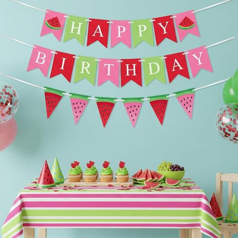 Watermelon Birthday Banner, Happy Birthday Party Decorations, Pink Red Green Summer Fruit Theme Bunting Garland for One in A Melon Baby Shower Indoor Outdoor Celebration Supplies in Saudi Arabia