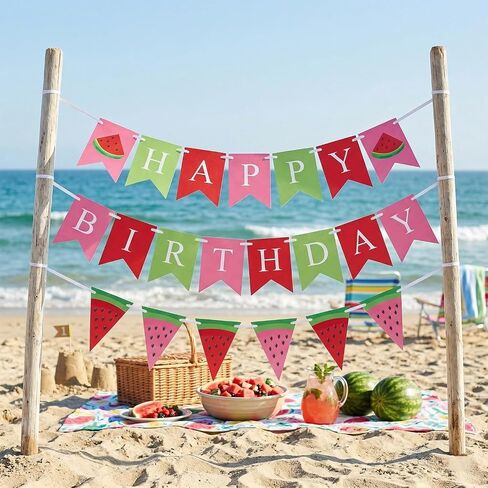 Watermelon Birthday Banner, Happy Birthday Party Decorations, Pink Red Green Summer Fruit Theme Bunting Garland for One in A Melon Baby Shower Indoor Outdoor Celebration Supplies in Saudi Arabia