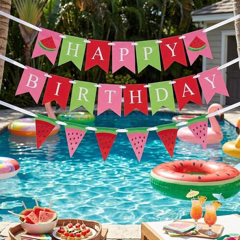 Watermelon Birthday Banner, Happy Birthday Party Decorations, Pink Red Green Summer Fruit Theme Bunting Garland for One in A Melon Baby Shower Indoor Outdoor Celebration Supplies in Saudi Arabia