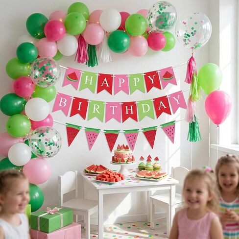 Watermelon Birthday Banner, Happy Birthday Party Decorations, Pink Red Green Summer Fruit Theme Bunting Garland for One in A Melon Baby Shower Indoor Outdoor Celebration Supplies in Saudi Arabia