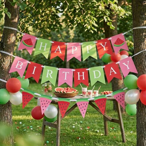 Watermelon Birthday Banner, Happy Birthday Party Decorations, Pink Red Green Summer Fruit Theme Bunting Garland for One in A Melon Baby Shower Indoor Outdoor Celebration Supplies in Saudi Arabia