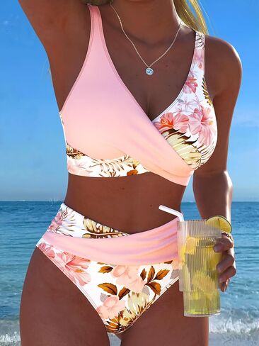 Women's High Waisted Bikini Sets Tummy Control 2026 Two Piece Color Block Twist Front Floral Print Swim Suits in Kuwait