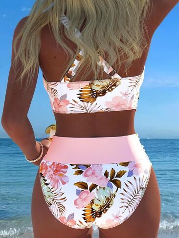Women's High Waisted Bikini Sets Tummy Control 2026 Two Piece Color Block Twist Front Floral Print Swim Suits in Kuwait