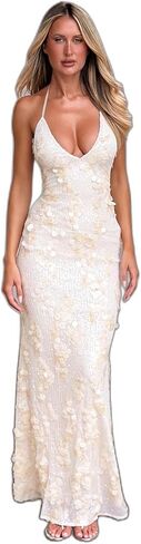 Tiger Mist Women's Zana Sequin Halter Maxi Dress with Plunging V-Neck and Low Back in Saudi Arabia