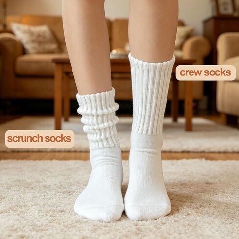 Women's Slouchy Socks, Vintage Scrunch Crew Socks, Solid Cotton Chunky Ribbed Cozy Socks, Size 5-11 in Kuwait