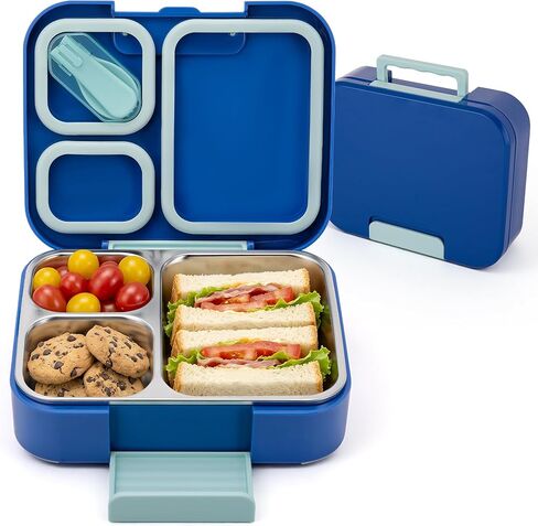 Bento Lunch Box for Kids, 3 Compartment 304 Stainless Steel Food Container with Handle & Spork, Kids Lunch Box Fits Ice Pack, BPA-Free, Blue in Saudi Arabia