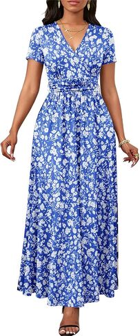 Women's V-Neck Short Sleeve Maxi Dress Self-Tie Belted Flowy Summer Casual Dress with Pockets in Saudi Arabia