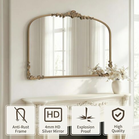 Besdomus Large Gold Arched Mirror: 40"x30" Matt Gold Baroque Vintage Wall Mirror - Traditional Ornate Antique for Bedroom/Fireplace/Entryway/Bathroom/Living Room - Ideal for Fashion-Conscious in Saudi Arabia