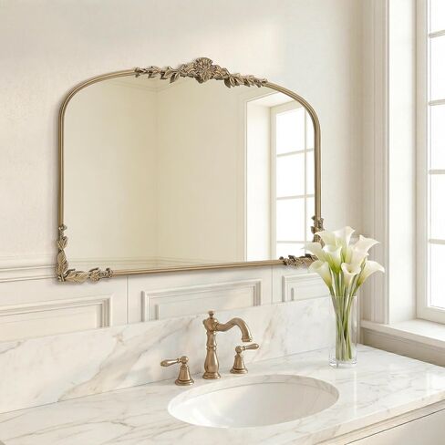 Besdomus Large Gold Arched Mirror: 40"x30" Matt Gold Baroque Vintage Wall Mirror - Traditional Ornate Antique for Bedroom/Fireplace/Entryway/Bathroom/Living Room - Ideal for Fashion-Conscious in Saudi Arabia