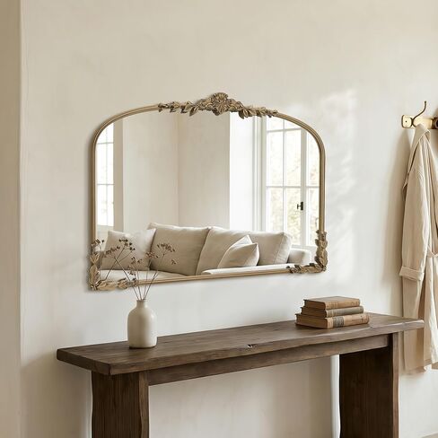 Besdomus Large Gold Arched Mirror: 40"x30" Matt Gold Baroque Vintage Wall Mirror - Traditional Ornate Antique for Bedroom/Fireplace/Entryway/Bathroom/Living Room - Ideal for Fashion-Conscious in Saudi Arabia