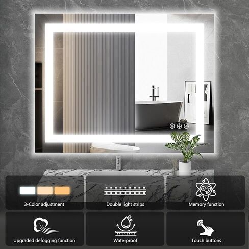 NEWBULIG 28"x 36" LED Bathroom Mirror with Lights, Anti-Fog | Lighted Bathroom Vanity Mirror for Wall, Memory Function, Dimmable, Tempered Glass, Shatter-Proof in Saudi Arabia