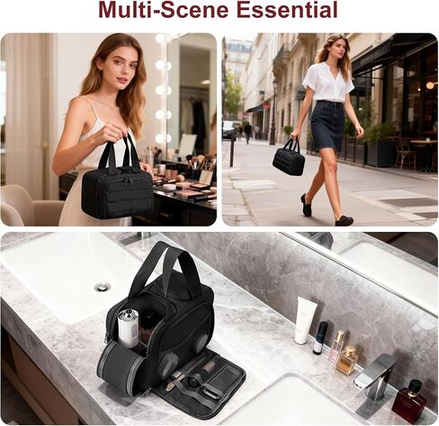 Travel Makeup Bag, Portable Travel Bag with Hanging Hook for Women, Waterproof and Hanging Toiletry Bags Travel Organizer Accessories for Travel Essentials,Black in Kuwait