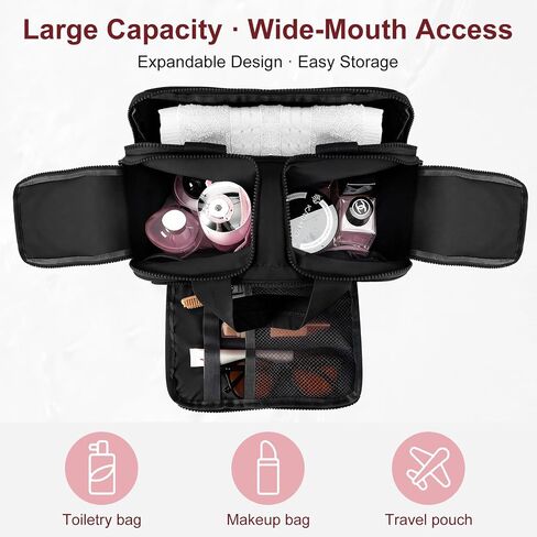 Travel Makeup Bag, Portable Travel Bag with Hanging Hook for Women, Waterproof and Hanging Toiletry Bags Travel Organizer Accessories for Travel Essentials,Black in Kuwait