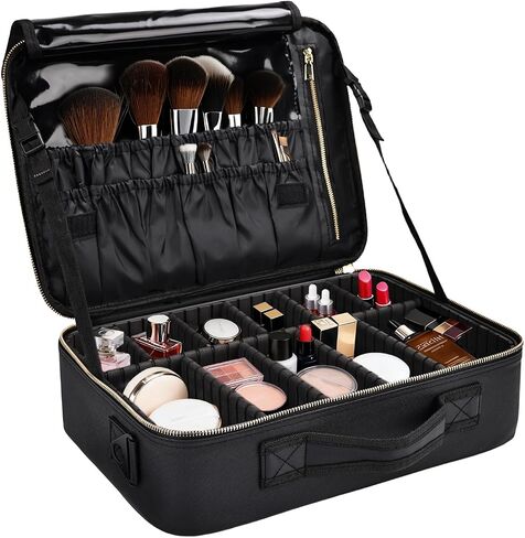 Greenfeather Travel Makeup Bag, Professional Cosmetic Train Case Organizer, Portable Travel Cosmetic Brush Bag Holder Makeup Artist Storage Box with Adjustable Dividers and Shoulder Strap, Black in Saudi Arabia