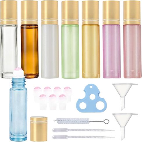 Cocurb 10ml Rose Quartz Roller Bottles with 8 Colors,Thick Travel Size Glass Bottles for Essential Oils Perfume with Liquid Dispensing Tools,Leak-Proof,Color Coding in Saudi Arabia