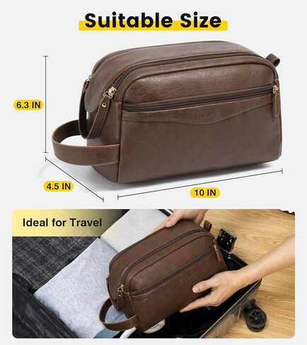 Vorspack PU Leather Toiletry Bag for Men, Water-Resistant Travel Bag for Toiletries, Wide Opening Bathroom Organizer for Shaving, Grooming, Skincare - Dark Brown in Saudi Arabia