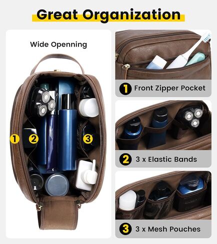 Vorspack PU Leather Toiletry Bag for Men, Water-Resistant Travel Bag for Toiletries, Wide Opening Bathroom Organizer for Shaving, Grooming, Skincare - Dark Brown in Saudi Arabia