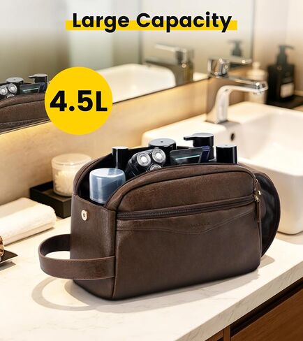 Vorspack PU Leather Toiletry Bag for Men, Water-Resistant Travel Bag for Toiletries, Wide Opening Bathroom Organizer for Shaving, Grooming, Skincare - Dark Brown in Saudi Arabia