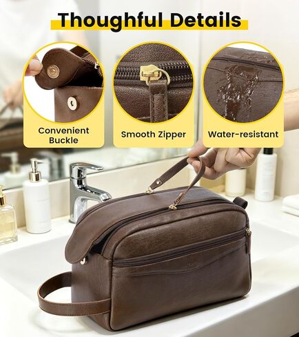 Vorspack PU Leather Toiletry Bag for Men, Water-Resistant Travel Bag for Toiletries, Wide Opening Bathroom Organizer for Shaving, Grooming, Skincare - Dark Brown in Saudi Arabia