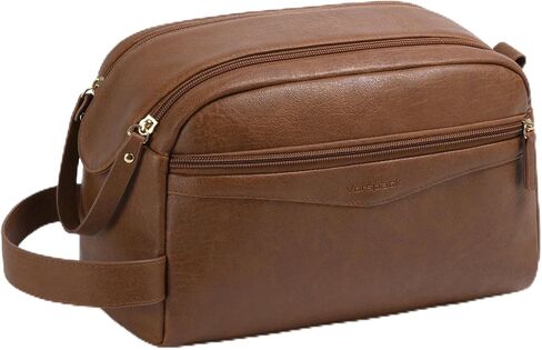 Vorspack PU Leather Toiletry Bag for Men, Water-Resistant Travel Bag for Toiletries, Wide Opening Bathroom Organizer for Shaving, Grooming, Skincare - Dark Brown in Saudi Arabia