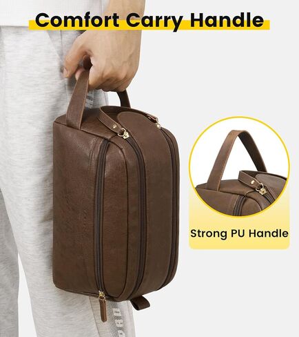 Vorspack PU Leather Toiletry Bag for Men, Water-Resistant Travel Bag for Toiletries, Wide Opening Bathroom Organizer for Shaving, Grooming, Skincare - Dark Brown in Saudi Arabia