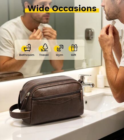 Vorspack PU Leather Toiletry Bag for Men, Water-Resistant Travel Bag for Toiletries, Wide Opening Bathroom Organizer for Shaving, Grooming, Skincare - Dark Brown in Saudi Arabia
