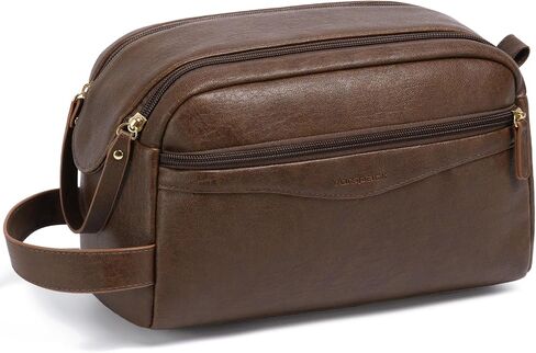 Vorspack PU Leather Toiletry Bag for Men, Water-Resistant Travel Bag for Toiletries, Wide Opening Bathroom Organizer for Shaving, Grooming, Skincare - Dark Brown in Saudi Arabia