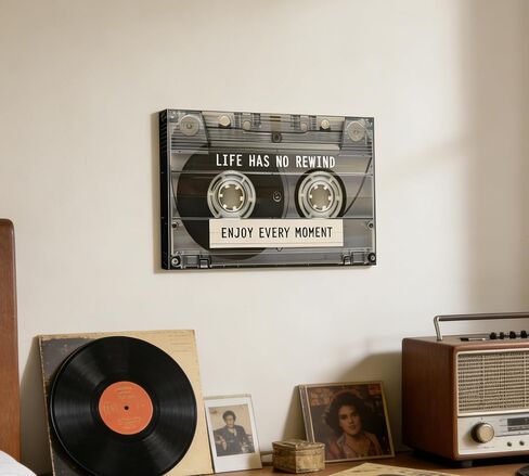 Retro Cassette Tape Canvas Wall Art, Life Has No Rewind Enjoy Every Moment Motivational Wall Decor, Vintage 80s 90s Music Framed Artwork for Living Room Bedroom Home Decoration 12x16 Inch in Saudi Arabia