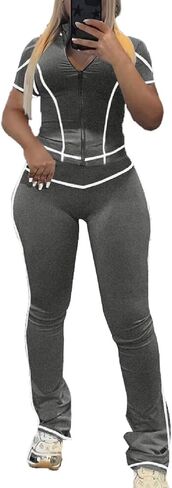 Ulovmi Women's 2 Piece Outfits Zipper Workout Set Short Sleeve Tracksuit Bodcyon Matching Sweat Pants Sets in Saudi Arabia