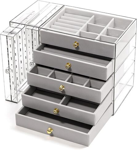 grey Jewelry Box Organizer, Transparent Acrylic Case with Velvet-Lined 5 drawers and 2 side drawers, Versatile Compartments for Earrings, Rings, Necklaces, Bracelets in Saudi Arabia