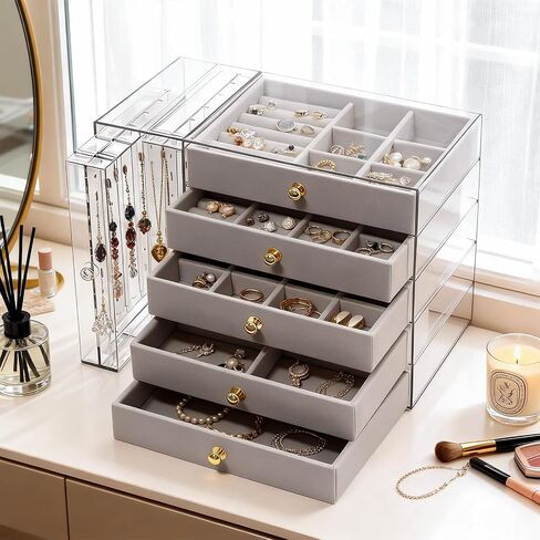 grey Jewelry Box Organizer, Transparent Acrylic Case with Velvet-Lined 5 drawers and 2 side drawers, Versatile Compartments for Earrings, Rings, Necklaces, Bracelets in Saudi Arabia