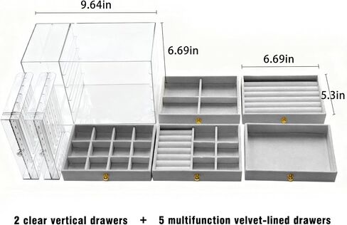 grey Jewelry Box Organizer, Transparent Acrylic Case with Velvet-Lined 5 drawers and 2 side drawers, Versatile Compartments for Earrings, Rings, Necklaces, Bracelets in Saudi Arabia