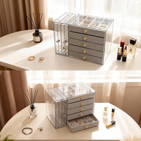 grey Jewelry Box Organizer, Transparent Acrylic Case with Velvet-Lined 5 drawers and 2 side drawers, Versatile Compartments for Earrings, Rings, Necklaces, Bracelets in Saudi Arabia