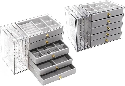 grey Jewelry Box Organizer, Transparent Acrylic Case with Velvet-Lined 5 drawers and 2 side drawers, Versatile Compartments for Earrings, Rings, Necklaces, Bracelets in Saudi Arabia