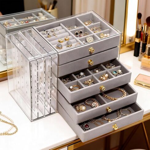 grey Jewelry Box Organizer, Transparent Acrylic Case with Velvet-Lined 5 drawers and 2 side drawers, Versatile Compartments for Earrings, Rings, Necklaces, Bracelets in Saudi Arabia