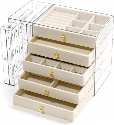 grey Jewelry Box Organizer, Transparent Acrylic Case with Velvet-Lined 5 drawers and 2 side drawers, Versatile Compartments for Earrings, Rings, Necklaces, Bracelets in Saudi Arabia
