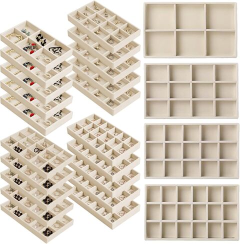24 Pack Velvet Jewelry Trays Stackable Jewelry Organizer Trays Drawer Inserts Divided Storage Containers for Rings Earrings Jewelry Display (Beige) in Kuwait