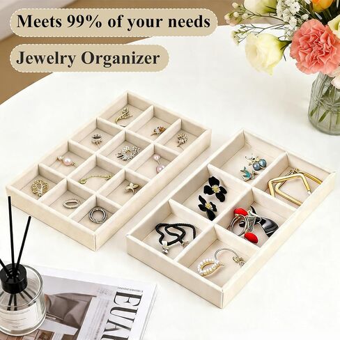 24 Pack Velvet Jewelry Trays Stackable Jewelry Organizer Trays Drawer Inserts Divided Storage Containers for Rings Earrings Jewelry Display (Beige) in Kuwait