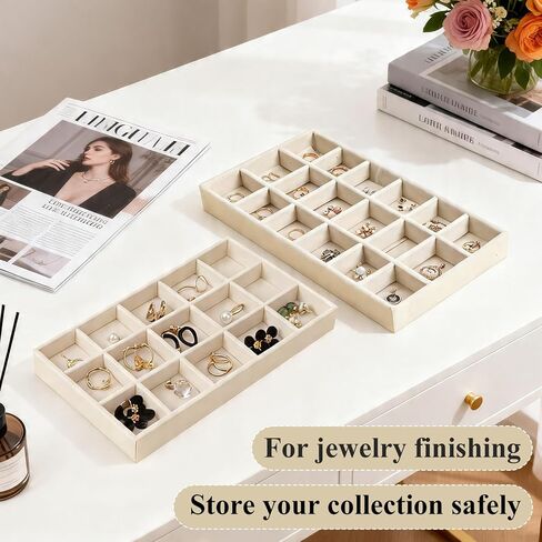 24 Pack Velvet Jewelry Trays Stackable Jewelry Organizer Trays Drawer Inserts Divided Storage Containers for Rings Earrings Jewelry Display (Beige) in Kuwait